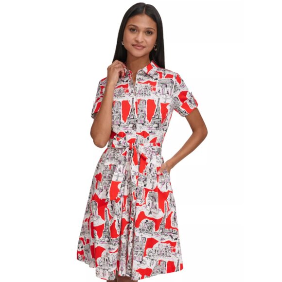 Karl Lagerfeld Paris Women's Short Sleeve Printed  Belted Shirt Dress Size 8 - Picture 1 of 10